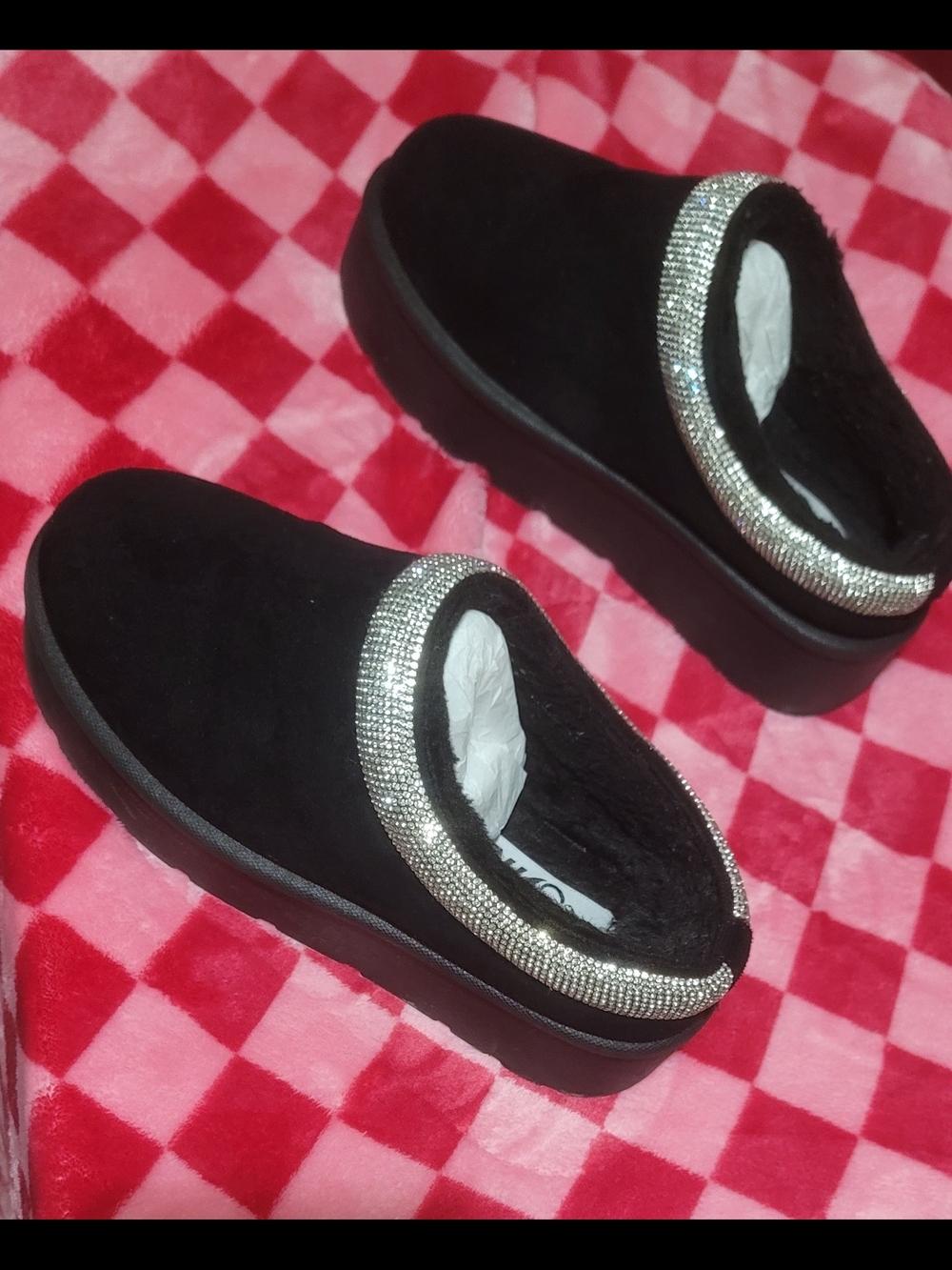 Black Slip-On Women's Cozy Mule with Silver Rhinestone Trim